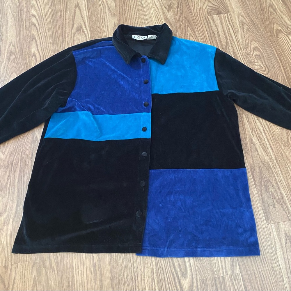 Erika Collection Size Medium Jacket Blue Black Button Front Colorblock Velvet